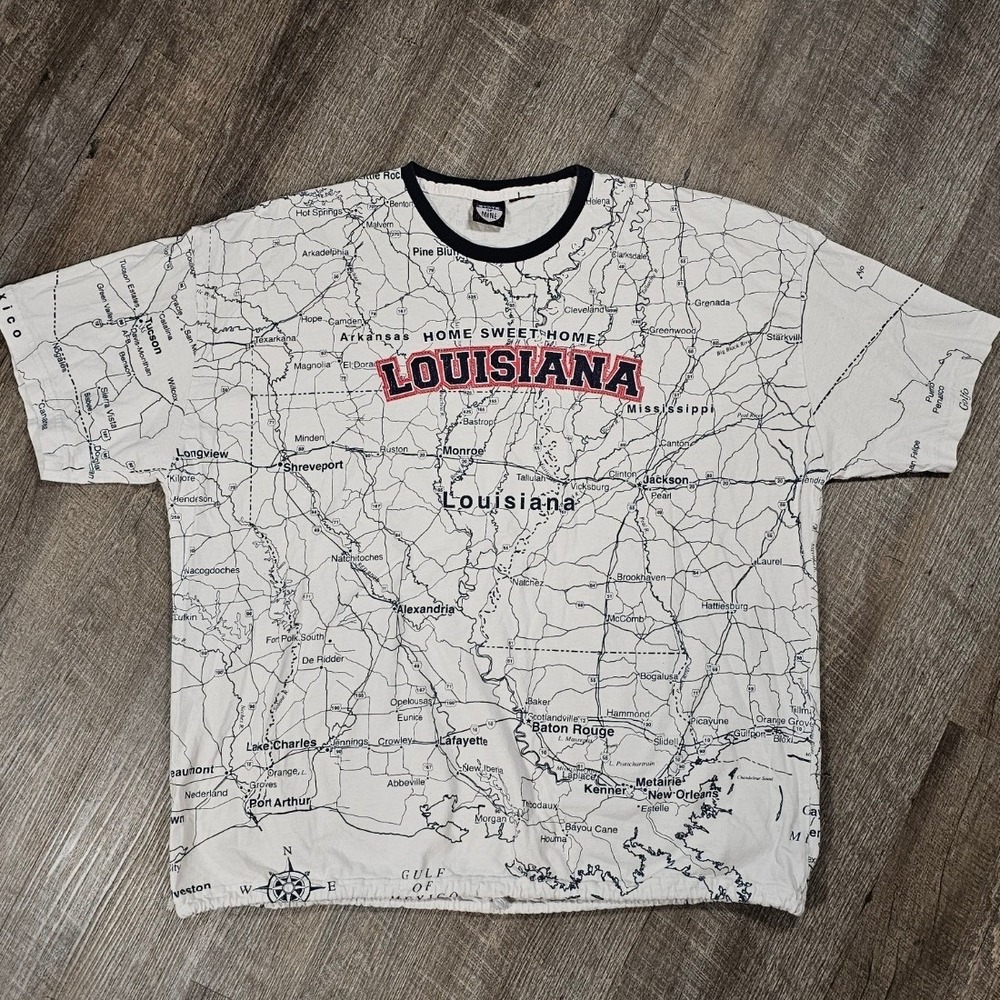Vintage State of Mine Louisiana All Over Print Map T-Shirt Ringer Elastic Hem L